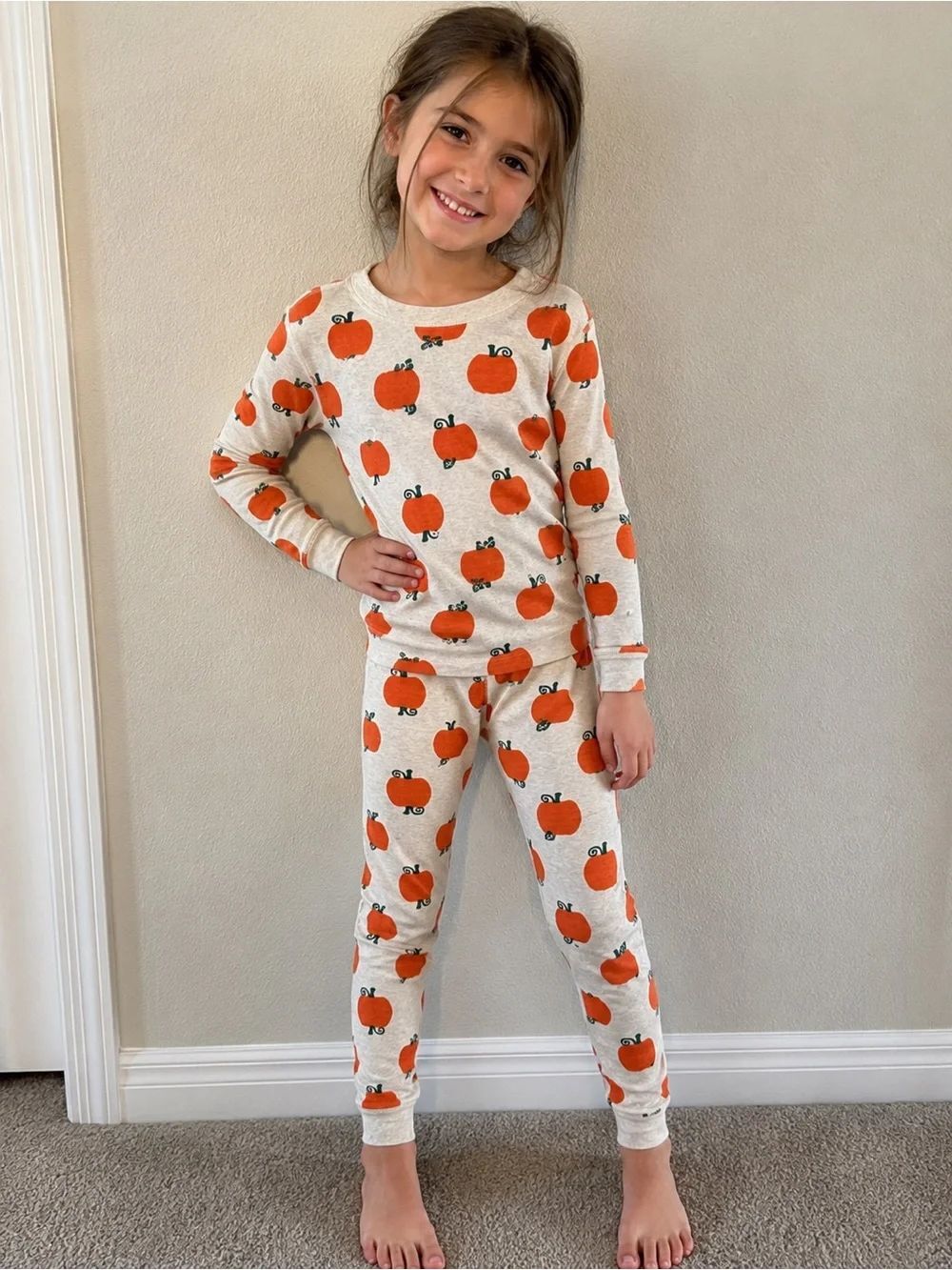 Hanna Andersson Creme Pumpkin Print 100% Organic Cotton Long John Pajamas Sz 10